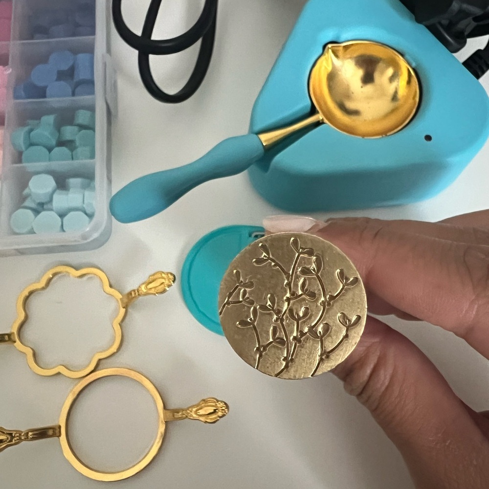 Gold Wax Seal Stamp with Floral Design - Turquoise Accents